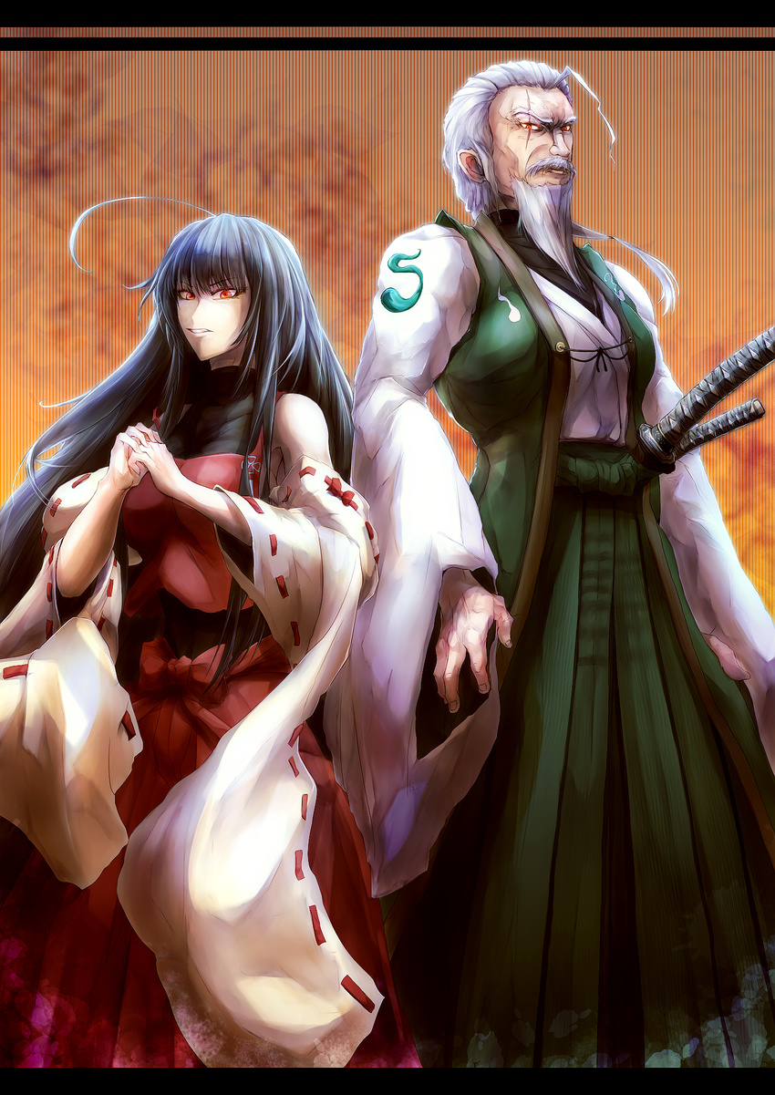 1girl ahoge aura backlighting beard black_hair breasts cracking_knuckles detached_sleeves ears facial_hair floral_background frown grey_hair grin hakama highres japanese_clothes katana kg_cliff_edge konpaku_youki large_breasts leotard letterboxed long_beard long_hair long_sleeves looking_at_viewer manly multiple_swords mustache nontraditional_miko nose open_hand pov red_eyes red_hakama ribbon-trimmed_sleeves ribbon_trim scar scar_across_eye sendai_hakurei_no_miko serious sheath sheathed smile sword toned touhou very_long_hair very_long_sleeves weapon wide_sleeves