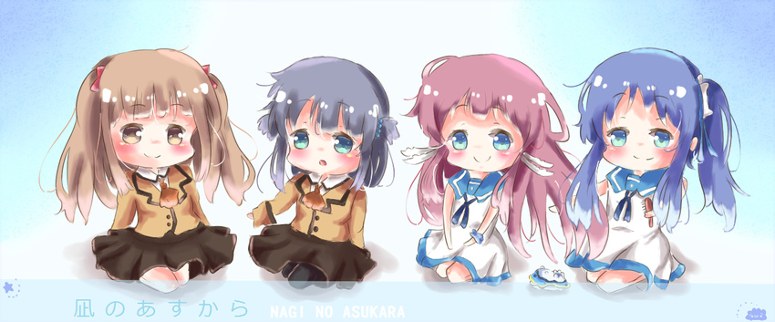 black_hair blue_eyes blue_hair brown_eyes brown_hair chibi dress hair_brush hair_rings hiradaira_chisaki hisanuma_sayu kuoteng long_hair mukaido_manaka multiple_girls nagi_no_asukara pantyhose sailor_dress school_uniform sea_slug serafuku shiodome_miuna side_ponytail time_paradox twintails