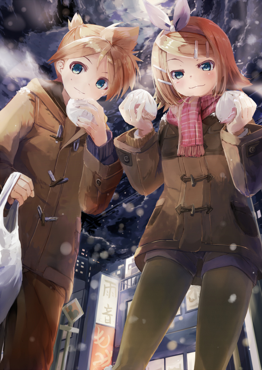 1girl bag baozi blonde_hair blue_eyes blush bow building city cloud cloudy_sky coat daidou_(demitasse) fisheye food from_below hair_bow hair_ornament hairclip highres holding kagamine_len kagamine_rin legwear_under_shorts looking_at_viewer looking_down pantyhose plastic_bag scarf short_hair shorts siblings sign sky smile smirk snow snowing steam twins vocaloid winter winter_clothes