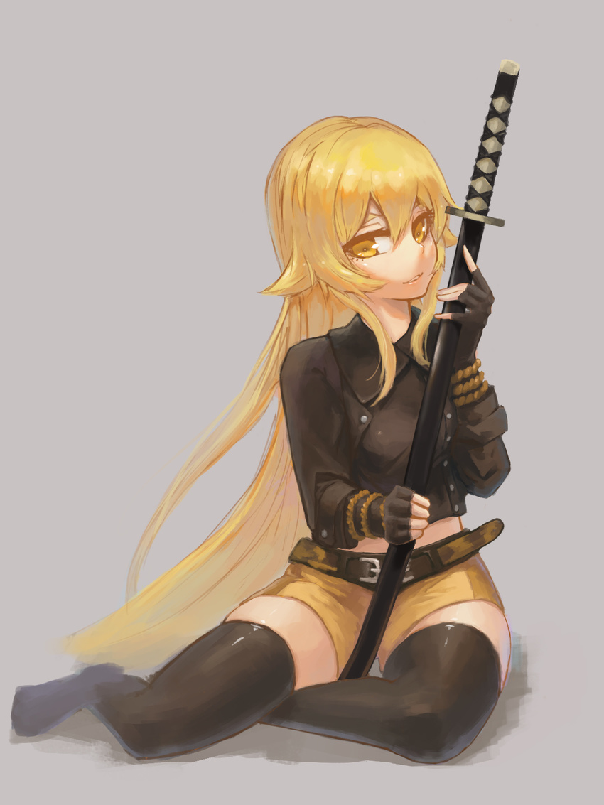 ashikaga_chachamaru belt black_legwear blonde_hair blush fingerless_gloves gloves hcho highres long_hair looking_at_viewer open_mouth sitting solo soukou_akki_muramasa thighhighs very_long_hair weapon yellow_eyes