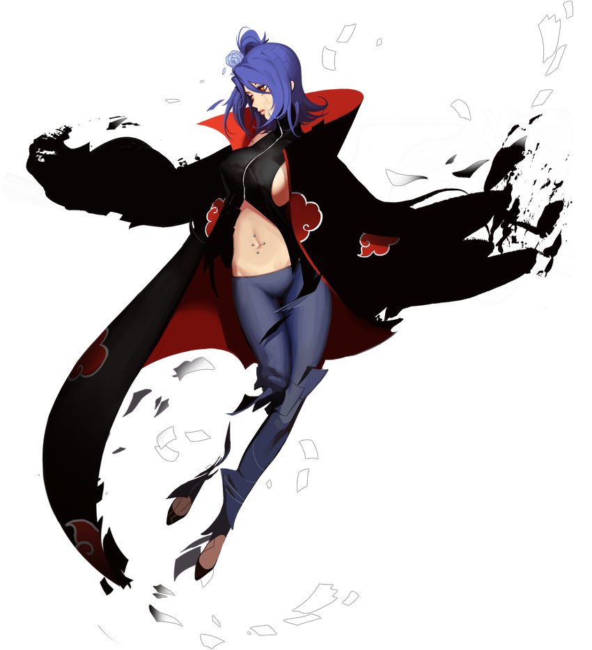 blue_hair cloak flower gusam hair_flower hair_ornament highres konan looking_asides midriff naruto naruto_shippuuden navel navel_piercing noeunjung93 paper parted_lips piercing sideboob solo transformation transparent_background