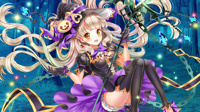 black_dress black_legwear blonde_hair chain dress forest gloves hat highres jewelry long_hair looking_at_viewer mayu_(vocaloid) nature night open_mouth sakura_moyon solo sparkle stuffed_animal stuffed_toy thighhighs upskirt usano_mimi very_long_hair vocaloid wand witch_hat yellow_eyes