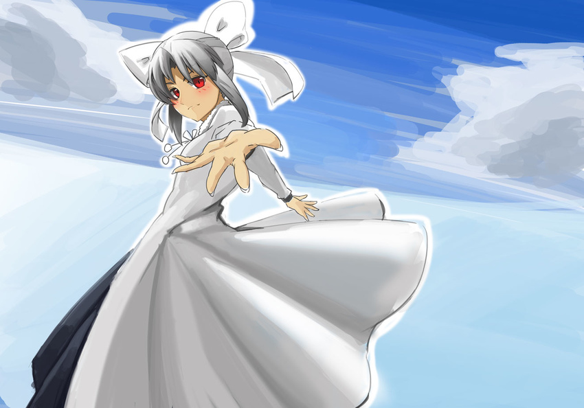 blush bow dress flat_chest hair_bow half_updo looking_at_viewer melty_blood outstretched_hand pointy_ears red_eyes renon_(freedomx10a) short_hair silver_hair solo tsukihime white_len