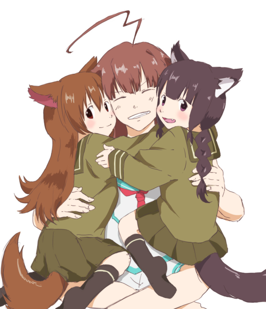 animal_ears bad_id bad_pixiv_id black_eyes black_hair braid brown_eyes brown_hair fang girl_sandwich grin highres hug kantai_collection kemonomimi_mode kitakami_(kantai_collection) kuma_(kantai_collection) long_hair multiple_girls nina_(deconiina) no_shoes ooi_(kantai_collection) ookami_kodomo_no_ame_to_yuki sandwiched smile tail uniform wolf_ears wolf_tail