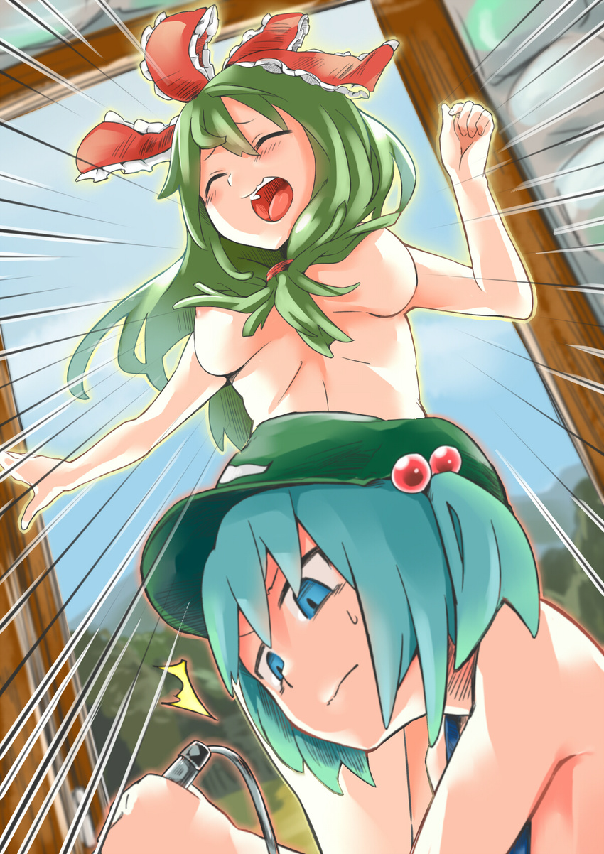 2girls bad_id bad_pixiv_id blue_eyes blue_hair bow breasts closed_eyes commentary_request convenient_censoring emphasis_lines front_ponytail green_hair hair_bobbles hair_bow hair_censor hair_ornament hat highres hinamatsuri kagiyama_hina kawashiro_nitori medium_breasts muchi_maro multiple_girls nipples nude open_door open_mouth surprised topless touhou two_side_up