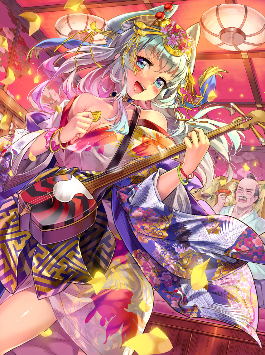 1girl aqua_hair bangs banned_artist bare_shoulders blue_eyes blush breasts collar dutch_angle facial_hair fish furyou_michi_~gang_road~ goldfish heart highres indoors instrument japanese_clothes kimono long_hair looking_at_viewer medium_breasts music mustache off_shoulder open_mouth playing_instrument plectrum red-crowned_crane sayagata shamisen solo_focus xil