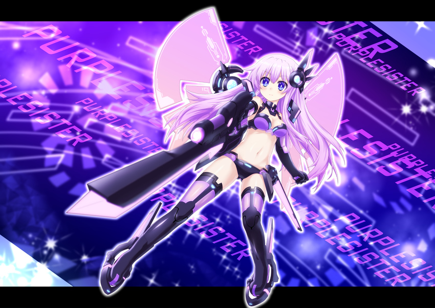 armor bare_shoulders bikini_armor black_footwear black_legwear blue_eyes blush boots breasts character_name choujigen_game_neptune_mk2 full_body gunblade hair_ornament highres lavender_hair letterboxed long_hair looking_at_viewer medium_breasts mizunashi_(second_run) navel nepgear neptune_(series) outline purple_sister solo thighhighs weapon