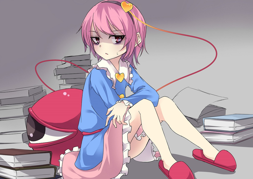 arai_togami book_stack disdain disgust hairband heart komeiji_satori long_sleeves looking_at_viewer pink_eyes pink_hair pink_skirt shirt sitting skirt slippers solo third_eye touhou