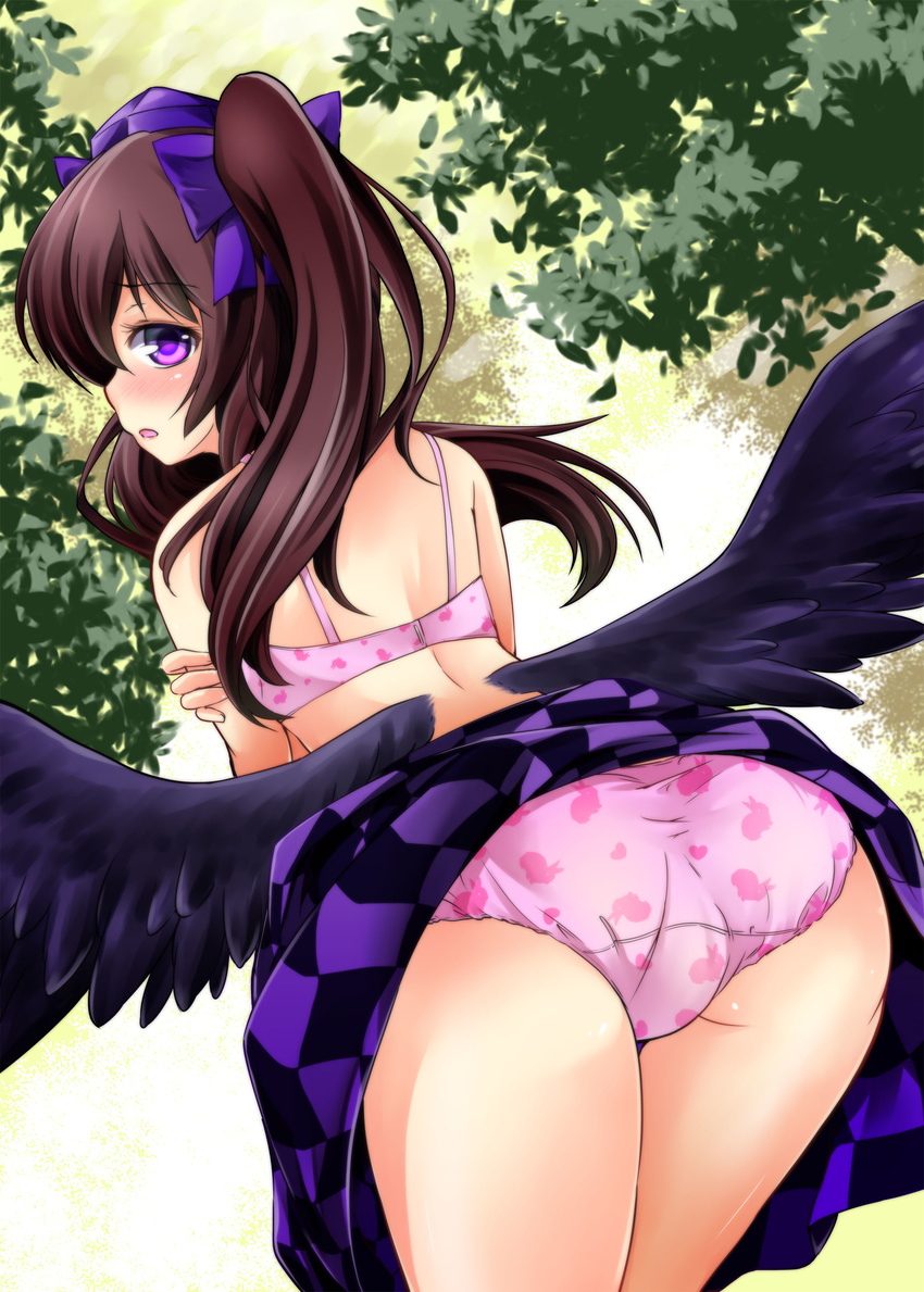 absurdres animal_print ass bent_over bird_wings bra brown_hair bunny_panties bunny_print checkered checkered_skirt forest hair_ribbon hand_on_own_arm hat highres himekaidou_hatate looking_at_viewer nature no_shirt outdoors panties partially_undressed pink_bra pink_panties print_bra print_panties purple_eyes ribbon skirt solo tokin_hat touhou twintails underwear wings yozuki_shokora
