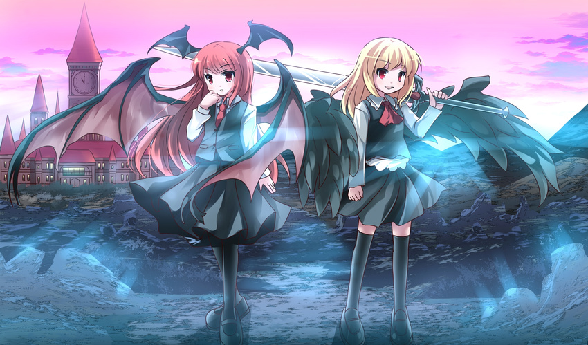 :d bad_id bad_pixiv_id bat_wings black_legwear black_wings blonde_hair ex-rumia grin highres holding koakuma long_hair multiple_girls open_mouth pantyhose red_eyes red_hair risutaru rumia scarlet_devil_mansion skirt skirt_set smile sword thighhighs touhou v-shaped_eyebrows vest weapon wings zettai_ryouiki