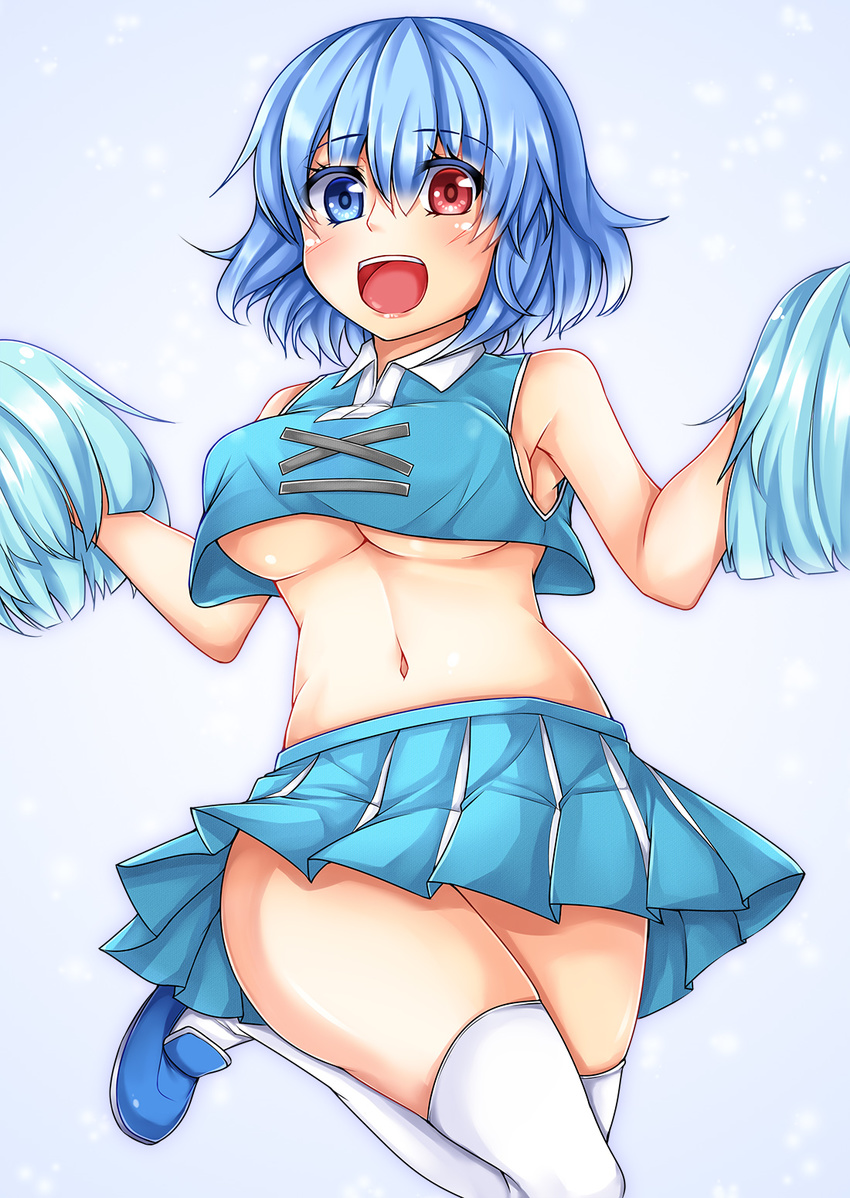 adapted_costume blue_hair breasts cheerleader commentary_request crop_top crop_top_overhang heterochromia highres large_breasts midriff miniskirt navel no_bra open_mouth pleated_skirt pom_poms shirt skindentation skirt sleeveless sleeveless_shirt smile solo standing standing_on_one_leg tatara_kogasa thighhighs thighs tokoya_(ex-hetare) touhou underboob white_legwear