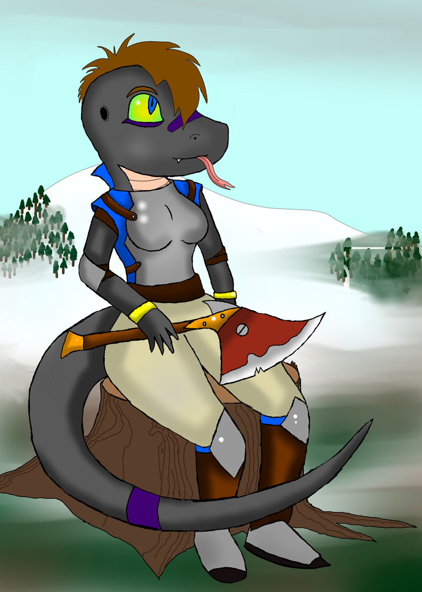 anthro armor ax boots brown_hair daytime deena dragon female green_eyes hair huntress iguanasarecool invalid_tag outside reptilian snow stripes tongue weapon