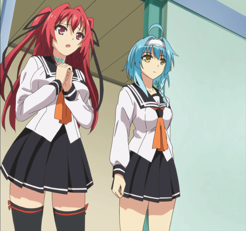 2girl 2girls blue_hair highres long_hair multiple_girls naruse_mio nonaka_yuki red_hair school_uniform screencap shinmai_maou_no_testament standing stitched