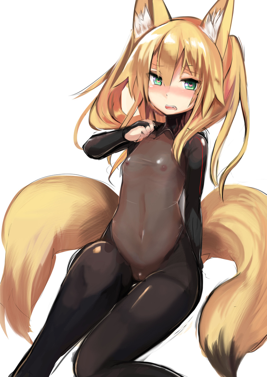 absurdres animal_ears blonde_hair blush bodysuit covered_nipples flat_chest fox_ears fox_tail green_eyes haik highres kokonoe_tsubaki long_hair looking_at_viewer midriff multiple_tails navel nipples open_mouth original pussy see-through sketch skin_tight solo tail twintails uncensored