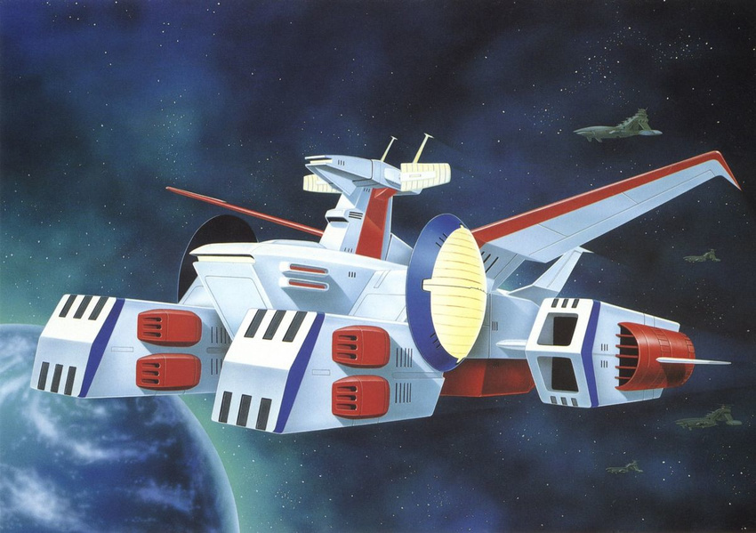 earth gundam mobile_suit_gundam musai official_art planet scan space space_craft white_base