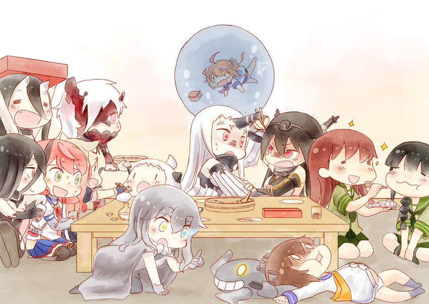 :d ahoge akashi_(kantai_collection) anger_vein bangs battleship_hime battleship_water_oni black_hair braid brown_hair cape chibi chopsticks claws commentary_request detached_sleeves face_mask fang feeding hair_ornament headgear_removed heterochromia hinamatsuri hinata_yuu hishimochi holding horn horns i-58_(kantai_collection) index_finger_raised kantai_collection kitakami_(kantai_collection) long_hair lying mask mittens multiple_girls nagato_(kantai_collection) ne-class_heavy_cruiser northern_ocean_hime ooi_(kantai_collection) open_mouth pale_skin pleated_skirt red_eyes remodel_(kantai_collection) school_uniform seaport_hime seiza serafuku shinkaisei-kan silver_hair single_braid sitting skirt smile sparkle sweat swimming wo-class_aircraft_carrier yukikaze_(kantai_collection) yuudachi_(kantai_collection)