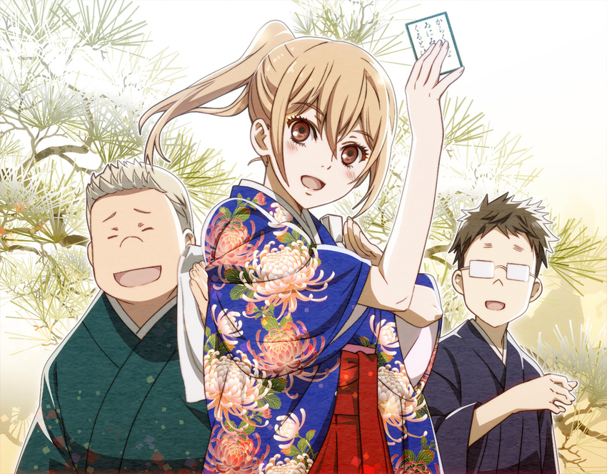 2boys :d ayase_chihaya brown_eyes brown_hair card chihayafuru glasses hakama holding holding_card iroha_karuta japanese_clothes komano_tsutomu long_hair looking_at_viewer multiple_boys nishida_yuusei nyoro_(nyoronyoro000) official_style open_mouth ponytail red_hakama silver_hair smile