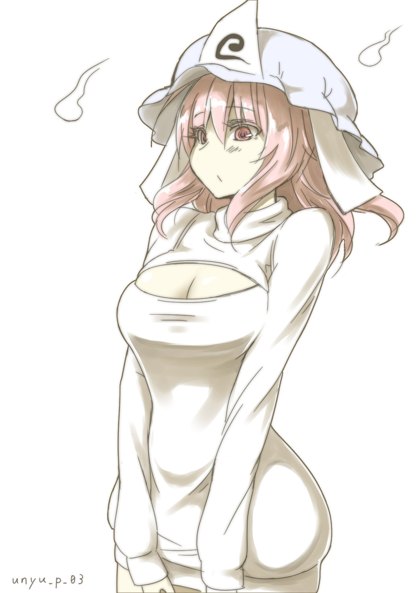 artist_name bottomless breasts cleavage hat highres hitodama large_breasts meme_attire open-chest_sweater pink_eyes pink_hair saigyouji_yuyuko short_hair simple_background solo sweater touhou triangular_headpiece turtleneck v_arms volkies white_background