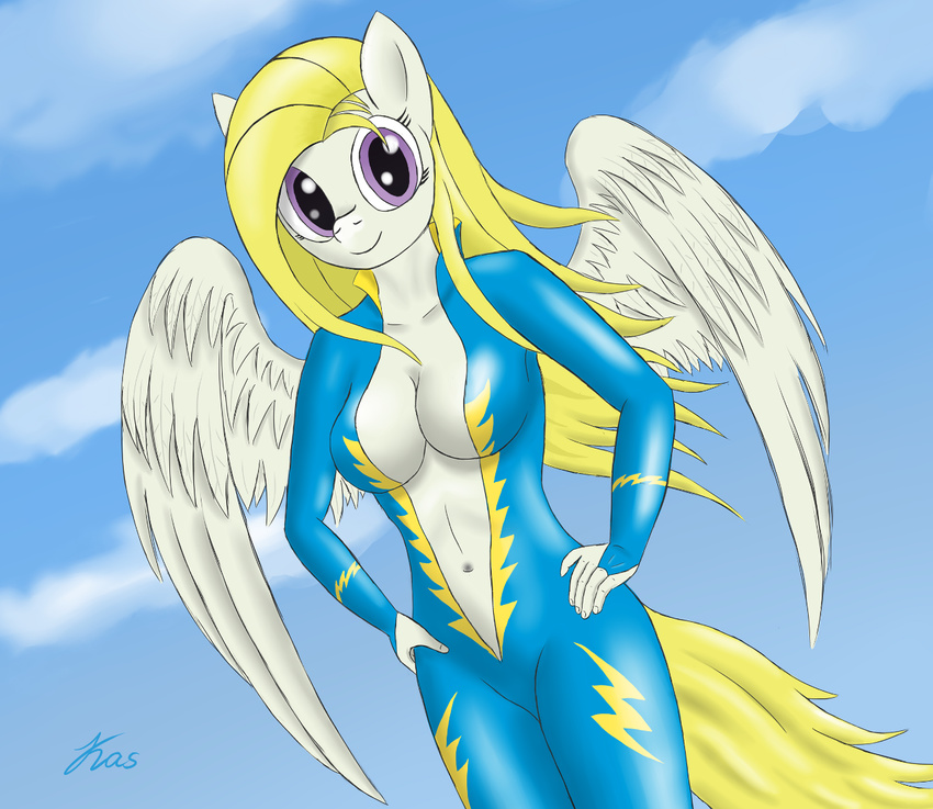 anthro blonde_hair breasts clothing cloudscape equine feathers female fur hair kasaler long_hair looking_at_viewer mammal my_little_pony navel outside pegasus purple_eyes sky smile solo surprise_(mlp) uniform white_fur wings