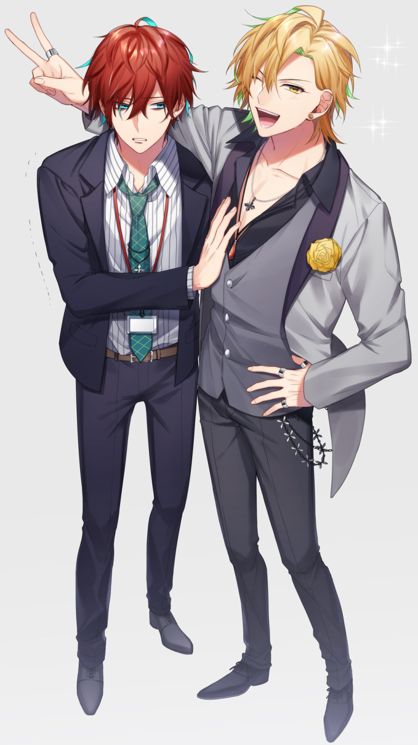blonde_hair flower formal green_eyes hand_on_hip host hypnosis_mic izanami_hifumi jewelry kannonzaka_doppo lanyard multicolored_hair multiple_boys necklace open_mouth peace_symbol piercing red_hair ring rose salaryman smile sparkle suit wallet_chain yellow_eyes yellow_flower yellow_rose