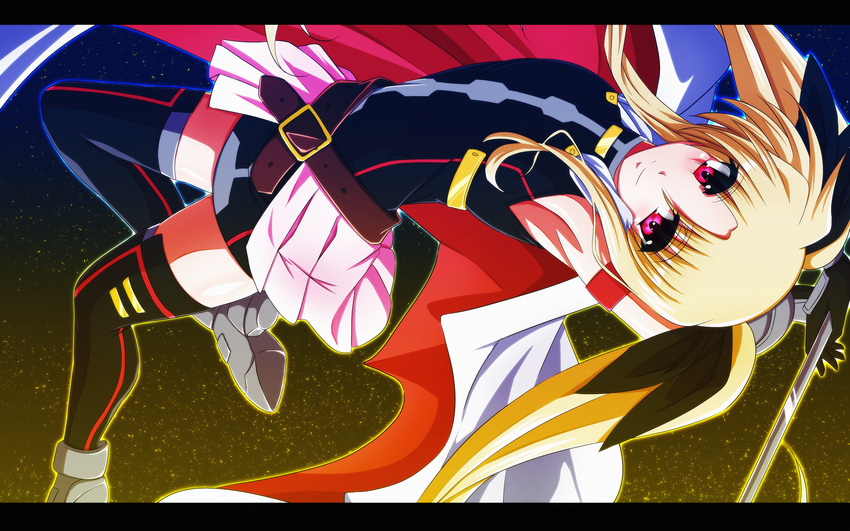 arched_back armpits bardiche blonde_hair cape fate_testarossa hair_ribbon highres letterboxed long_hair looking_at_viewer lyrical_nanoha mahou_shoujo_lyrical_nanoha red_eyes ribbon smile solo tappa_(esperanza) thighhighs twintails upside-down