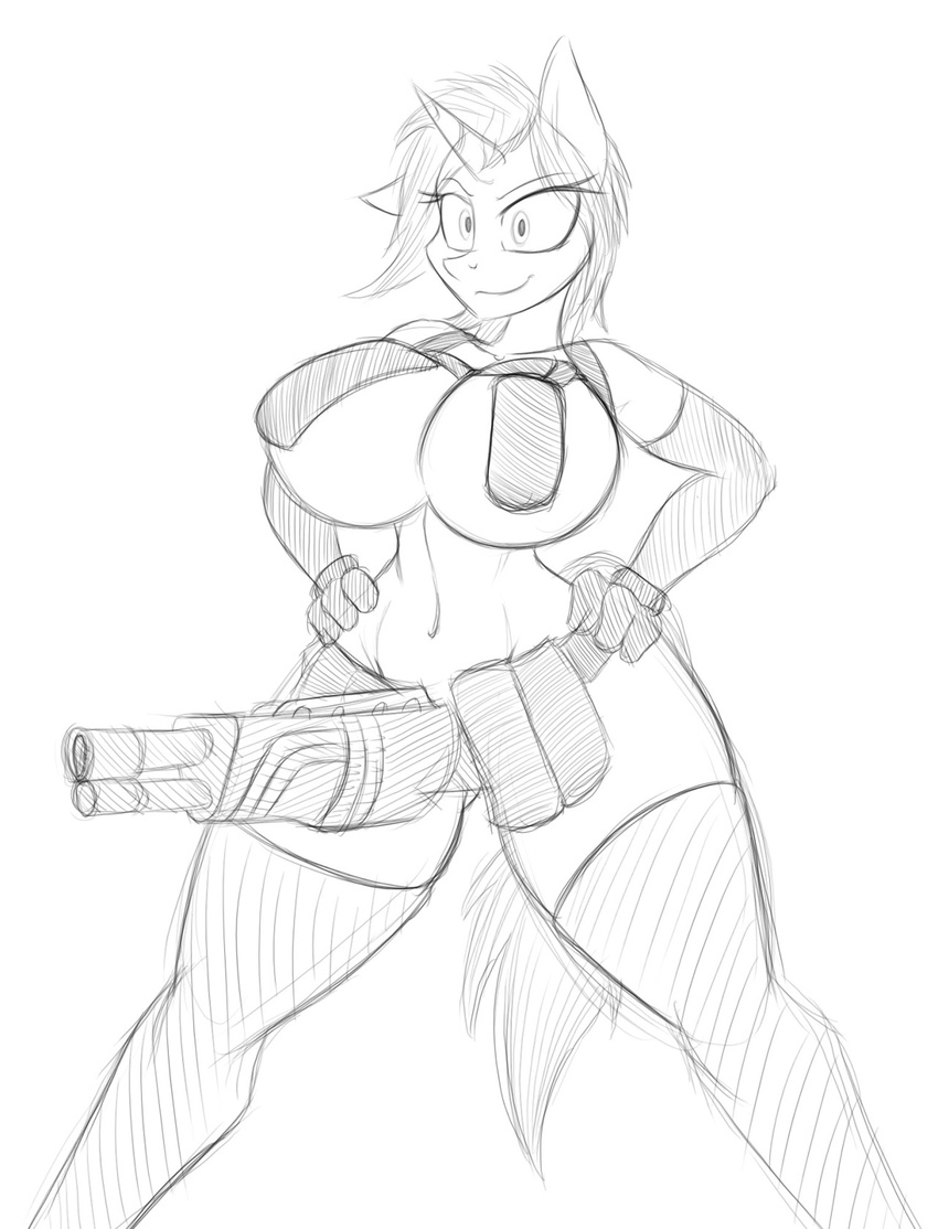 2015 anthro armor big_breasts black_and_white breasts cleavage clothed clothing dickgun elbow_gloves equine fan_character gloves gun hair hands_on_hips horn jrvanesbroek kill_la_kill legwear looking_at_viewer mammal monochrome my_little_pony plain_background pose ranged_weapon sketch solo stockings unicorn weapon white_background