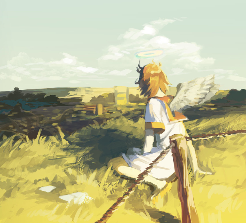 angel_wings bad_id bad_pixiv_id brown_hair cloud day dress fence haibane_renmei halo hanno landscape orange_sailor_collar rakka sailor_collar short_hair sitting sky solo wings