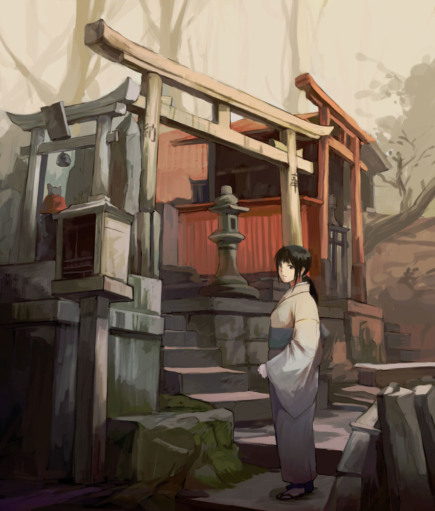 architecture bad_id bad_pixiv_id black_hair east_asian_architecture frown hands_together hanno highres japanese_clothes jizou kimono long_hair low_ponytail obi original path road sandals sash scenery shrine solo stone_lantern torii tree