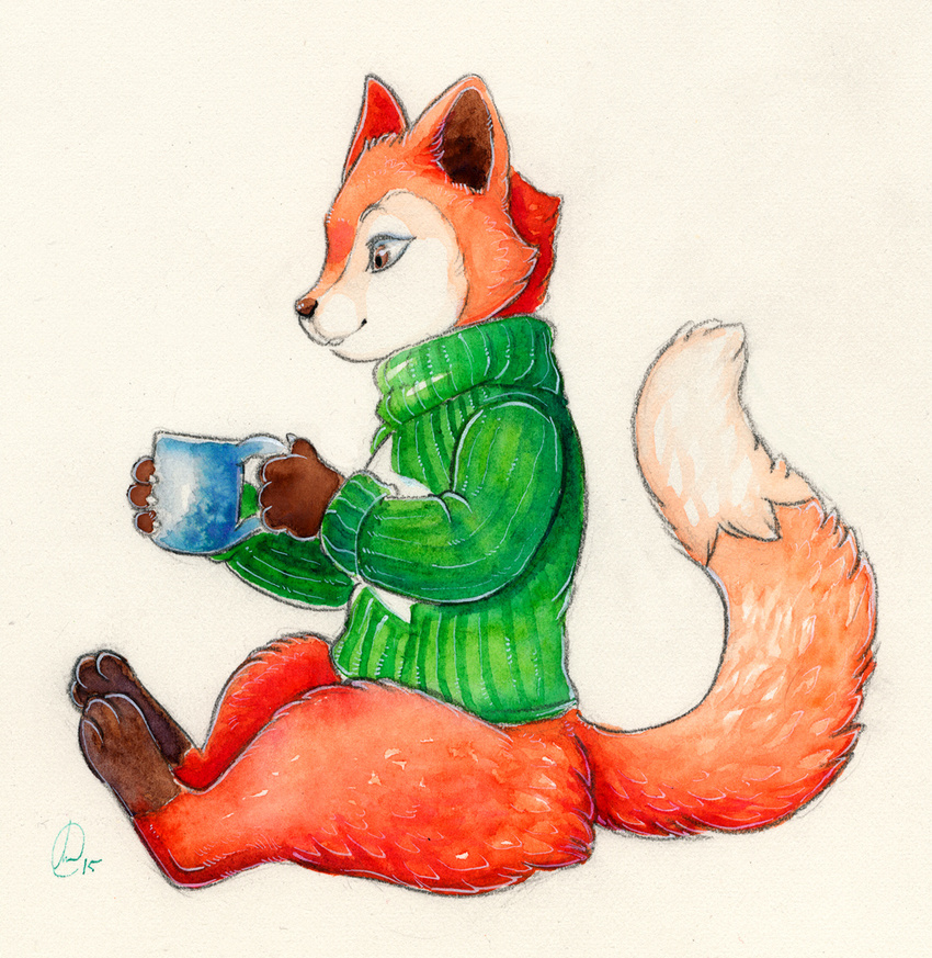 2015 ambiguous_gender bottomless canine clothed clothing cute drink feral fox gravewalker half-dressed mammal solo sweater turtleneck