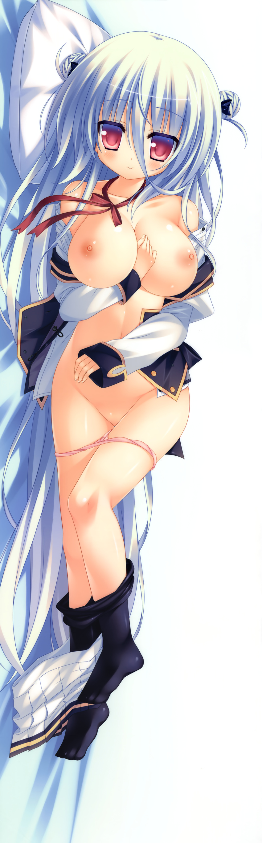 2-g absurdres between_breasts black_legwear breasts dakimakura from_above full_body grey_hair groin hair_between_eyes hand_between_breasts highres hozumi_moa huge_filesize large_breasts long_hair looking_at_viewer lying midriff nipples no_bra on_back on_side open_clothes open_shirt panties panty_pull pantyhose pantyhose_pull pillow pink_panties purple_eyes shirt skirt skirt_around_one_leg solo tensei_kunitori_sex_gassen!! thigh_gap underwear very_long_hair