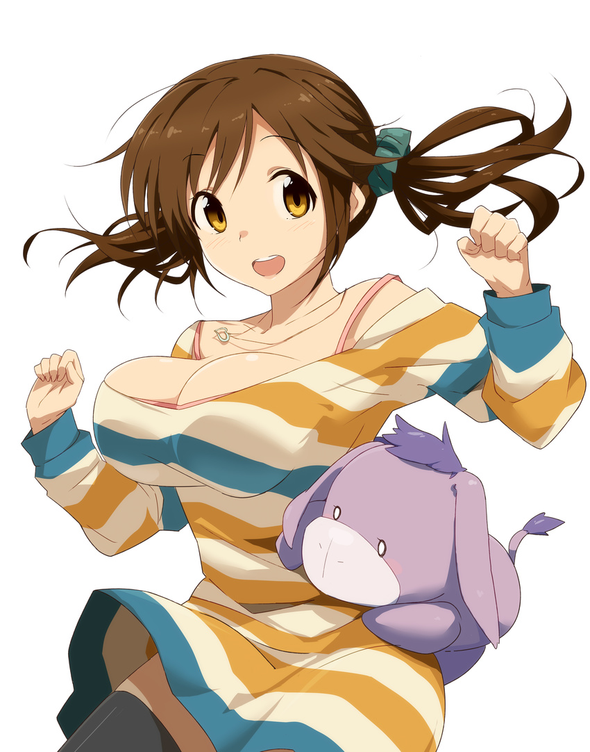 absurdres bare_shoulders bouncing_breasts breasts brown_eyes brown_hair cleavage dress hair_ornament heart heart_necklace highres idolmaster idolmaster_cinderella_girls jewelry jumping large_breasts looking_at_viewer necklace open_mouth pu-chin smile solo striped striped_dress stuffed_animal stuffed_toy thighhighs totoki_airi twintails white_background