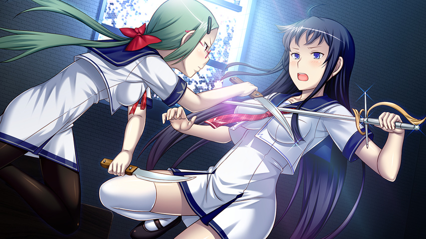 2girls black_hair blue_eyes blush breasts club_d edajima_saki fighting game_cg glasses green_hair highres honda_naoki knife large_breasts legs long_hair multiple_girls open_mouth pantyhose school_uniform small_breasts standing sword thighs twintails watarai_mikoto weapon white_legwear