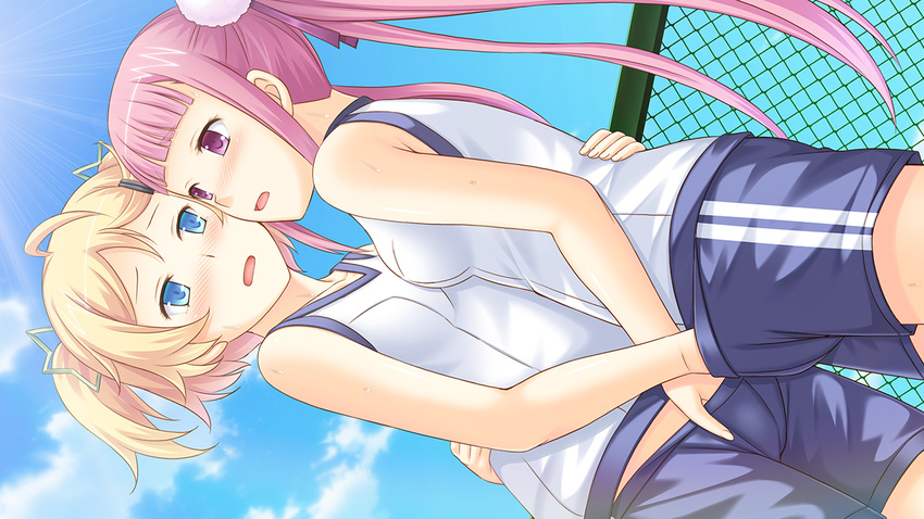 2girls blonde_hair blue_eyes blush breasts cloud club_d fence fingering game_cg gym_uniform highres honda_naoki legs long_hair multiple_girls nakamura_yui open_mouth pink_eyes pink_hair shimoda_hibari shorts sky small_breasts standing sunlight thighs twintails yuri