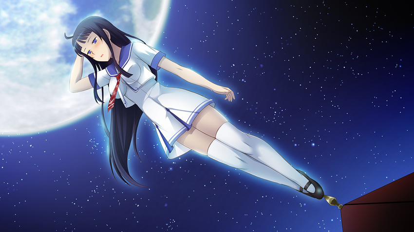 1girl black_hair blue_eyes blush breasts club_d female game_cg highres honda_naoki large_breasts long_hair looking_away moon night school_uniform shoes sky solo standing star stars tiptoes watarai_mikoto white_legwear wind