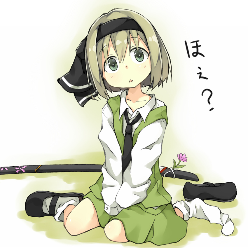 alternate_hair_color asameshi blush bow confused flower green_eyes green_hair hair_bow hands_on_lap head_tilt highres katana konpaku_youmu looking_at_viewer mary_janes necktie scabbard shadow sheath shoes short_hair single_shoe sitting skirt skirt_set sock_dangle socks solo sword touhou triangle_mouth wariza weapon