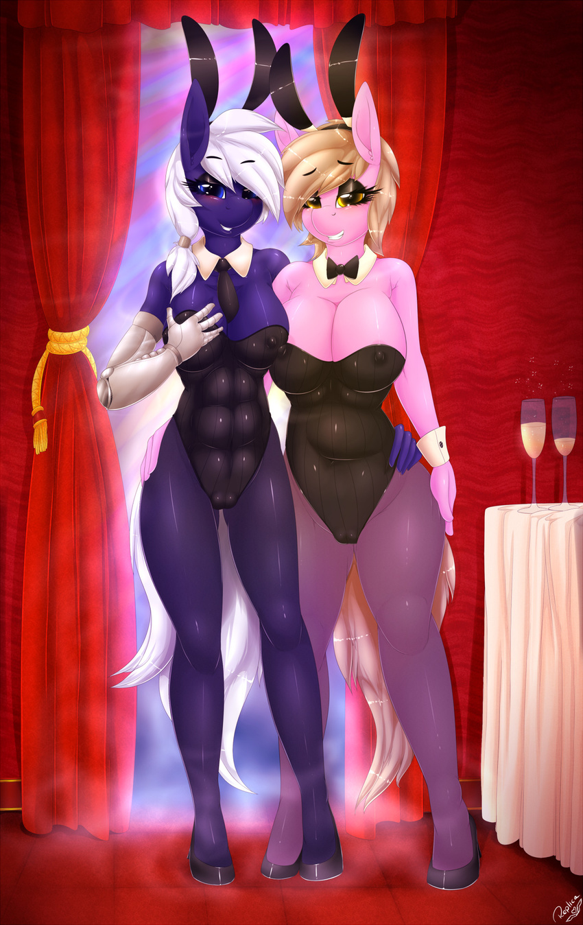 2015 abs animal_ears anthro anthrofied big_breasts blue_eyes blue_fur blush bow_tie breasts brown_hair camel_toe cleavage clothed clothing collar cuff duo earth_pony equine erect_nipples eyelashes eyeshadow fan_character female fur grope hair hand_on_breast hand_on_hip high_heels horse hug legwear looking_at_viewer makeup mammal my_little_pony navel necktie nipples outfit pantyhose pink_fur playboy_bunny pony ponytail prosthetic_arm rabbit_ears replica_(artist) robot_arm shoes smile stockings teeth white_hair wine_glass yellow_eyes