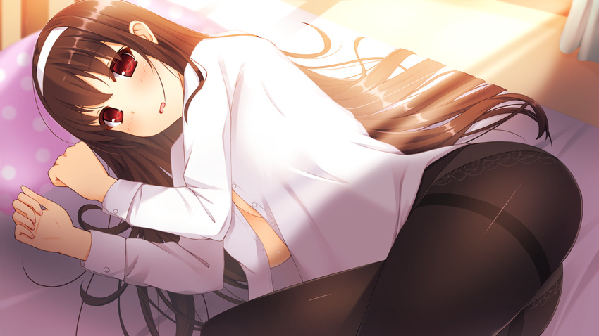 black_hair black_legwear blush breasts hairband highres kasumigaoka_utaha lace lace-trimmed_panties large_breasts long_hair looking_at_viewer lying no_pants on_side open_clothes open_mouth open_shirt panties panties_under_pantyhose pantyhose red_eyes saenai_heroine_no_sodatekata shirt solo symfo thighband_pantyhose underwear