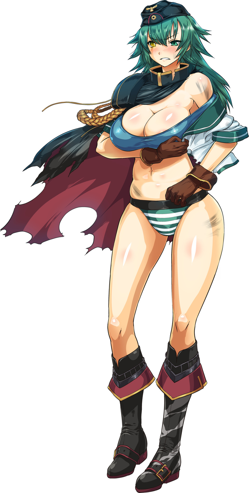 absurdres alternate_hair_length alternate_hairstyle aqua_eyes aqua_hair blush boots breast_hold breasts cape cosine full_body hat heterochromia highres injury kantai_collection kiso_(kantai_collection) large_breasts long_hair navel panties scar solo striped striped_panties transparent_background underwear yellow_eyes