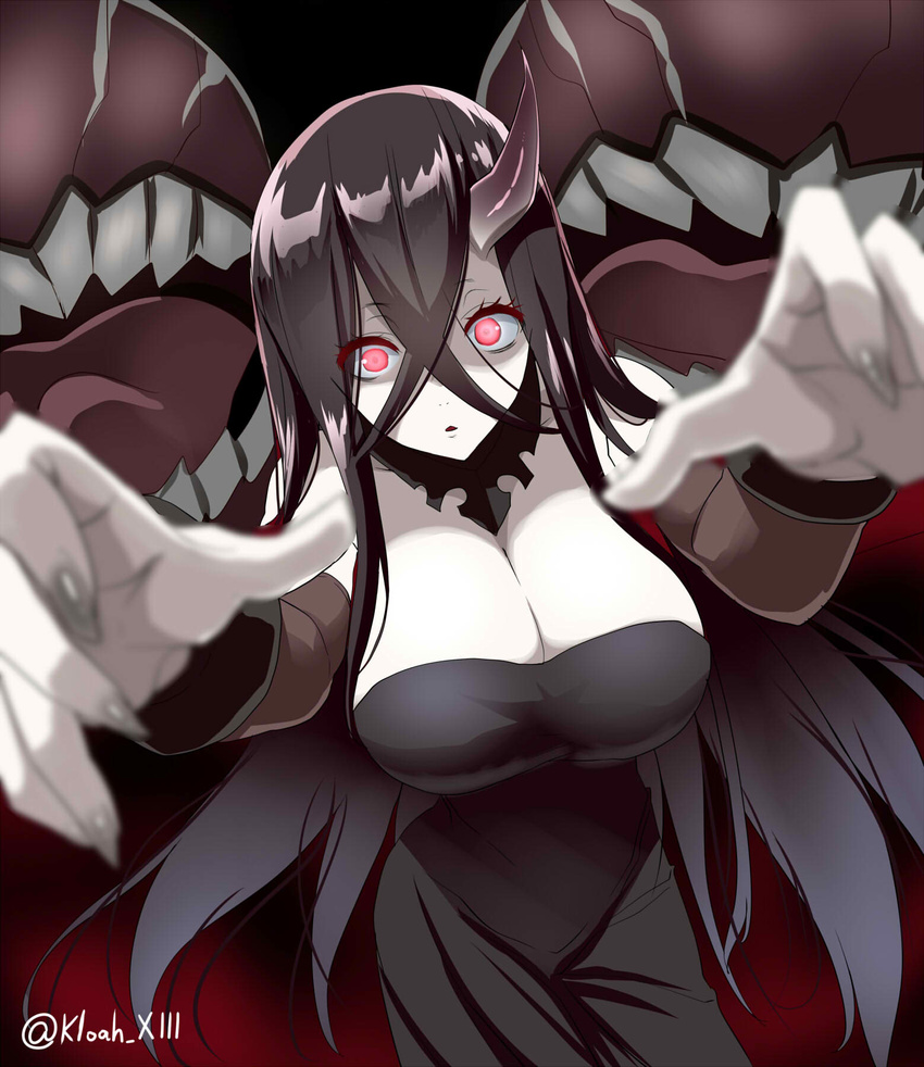 bangs bare_shoulders battleship_water_oni black_dress black_hair blurry breasts cleavage collarbone cowboy_shot crossed_bangs depth_of_field dress eyelashes eyes_visible_through_hair fingernails foreshortening glowing glowing_eyes grey_nails highres horn huge_breasts incoming_kiss kantai_collection kloah long_hair looking_at_viewer nail_polish pale_skin parted_lips reaching_out red_eyes sharp_fingernails shinkaisei-kan solo strapless strapless_dress twitter_username very_long_hair