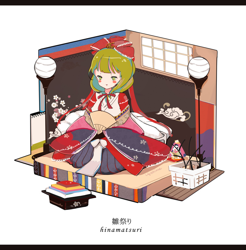 alternate_costume artist_name blush bow fan folding_fan front_ponytail green_eyes green_hair hair_bow hair_ribbon highres hinamatsuri itohime japanese_clothes kagiyama_hina kimono ribbon smile solo touhou