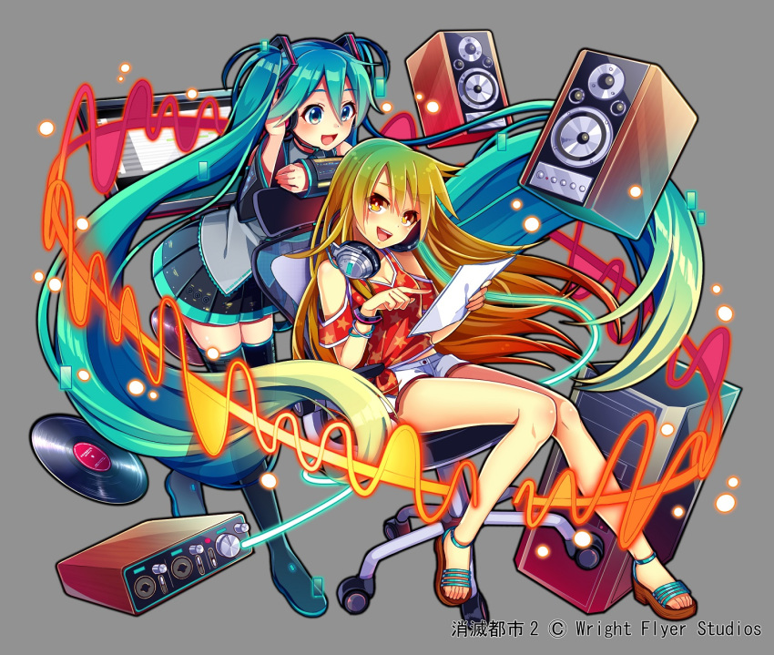 2girls :d absurdly_long_hair aqua_eyes aqua_hair bangs black_footwear black_skirt blonde_hair blush boots bracelet breasts cleavage commentary_request computer_tower detached_sleeves gradient_hair green_hair grey_background grey_shirt hair_between_eyes hand_on_headphones hatsune_miku headphones headphones_around_neck highres holding holding_paper jewelry leaning_on_object long_hair looking_at_another looking_at_viewer miniskirt multicolored_hair multiple_girls nou official_art open_mouth paper pleated_skirt pointing print_shirt record red_shirt sandals shirt short_shorts short_sleeves shorts shoulder_cutout shoumetsu_toshi_2 skirt smile speaker star star_print swivel_chair thigh_boots thighhighs tied_shirt twintails very_long_hair vocaloid watermark waveform white_shorts yellow_eyes