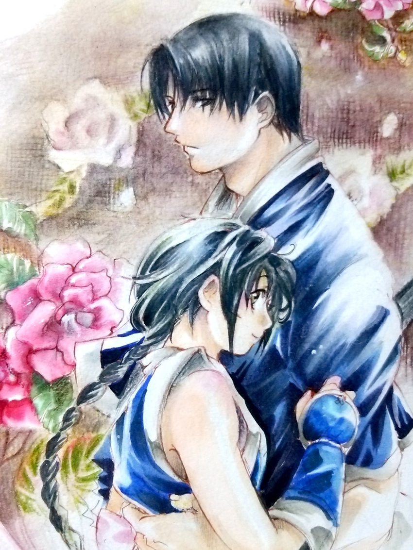 1girl armpits arms_behind_back black_eyes black_hair bow braid fingerless_gloves floral_background flower gloves graphite_(medium) highres japanese_clothes long_hair makimachi_misao nijinohouseki obi open_mouth rurouni_kenshin sash shinomori_aoshi short_hair single_braid smile traditional_media watercolor_(medium)