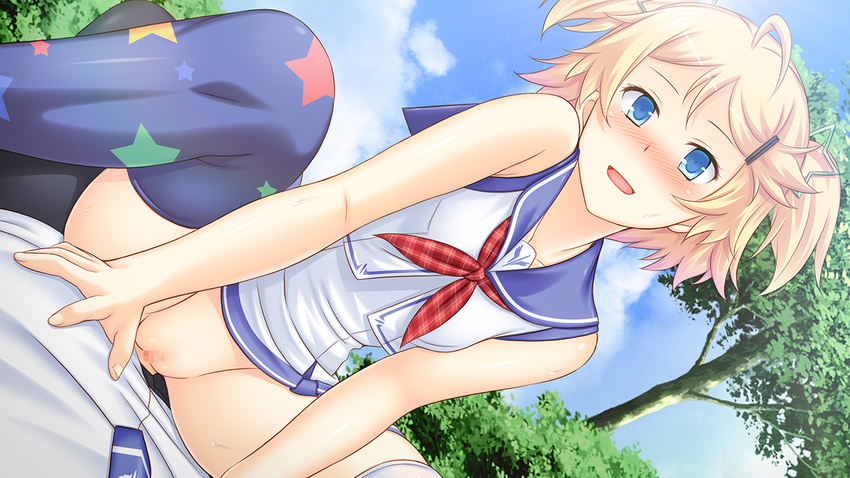 1girl blonde_hair blue_eyes blush breasts censored cloud clouds club_d game_cg girl_on_top highres honda_naoki legs looking_at_viewer lying no_panties school_uniform sex shimoda_hibari short_hair sitting sitting_on_person sky small_breasts smile thighs tree trees twintails vaginal