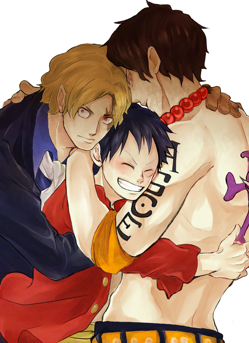 3boys black_hair blonde_hair brothers cravat eyes_closed family freckles glare glaring highres jolly_roger male_focus monkey_d_luffy multiple_boys one_piece open_shirt pirate portgas_d_ace red_shirt sabo_(one_piece) scar shirt siblings simple_background smile tattoo topless white_background