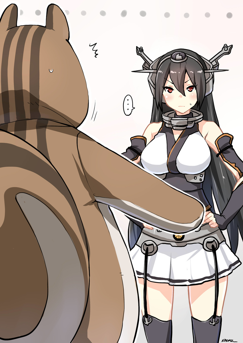 /\/\/\ 1girl :| absurdres animal_costume black_hair breasts closed_mouth commentary costume headgear highres kantai_collection large_breasts long_hair looking_at_viewer miniskirt nagato_(kantai_collection) navel pleated_skirt red_eyes ryuki_(ryukisukune) skirt squirrel squirrel_costume sweat thighhighs v-shaped_eyebrows zettai_ryouiki