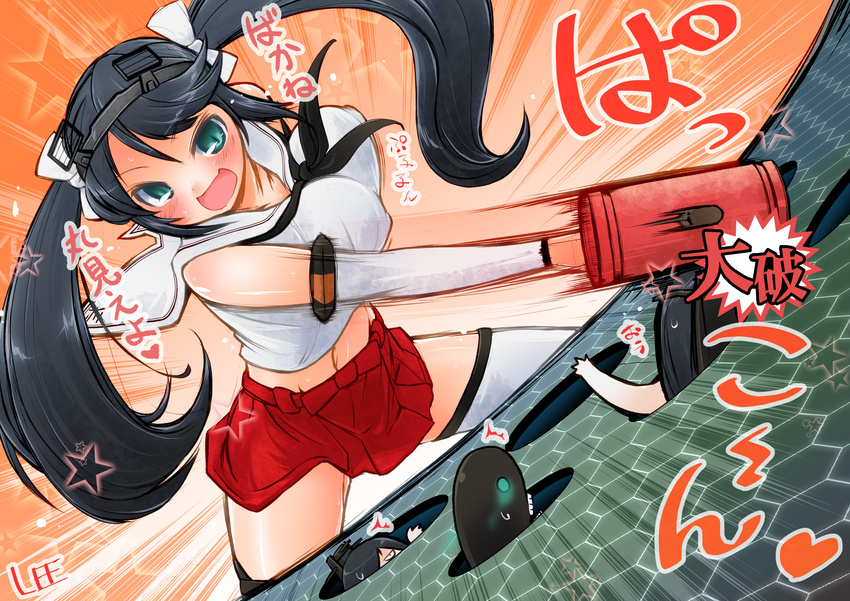 aqua_eyes black_hair blush bouncing_breasts breasts highres i-class_destroyer isuzu_(kantai_collection) ka-class_submarine kantai_collection large_breasts lee_(colt) long_hair mallet midriff motion_blur multiple_girls open_mouth sailor_collar shinkaisei-kan solo_focus star sweat translated twintails whac-a-mole