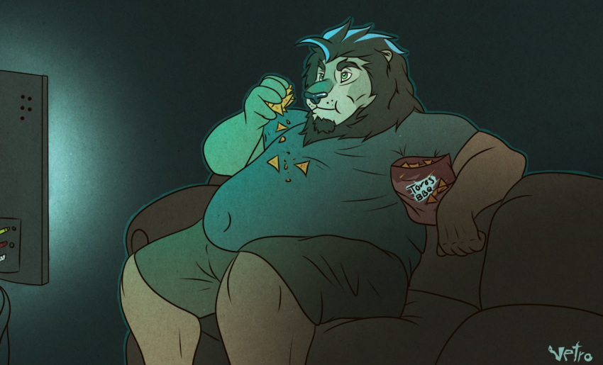 anthro belly big_belly brown_mane clothed clothing crumbs deep_navel eating feline food fully_clothed fur inside lion male mammal mane navel obese obese_male overweight overweight_male shirt shorts sitting sofa solo tan_fur television text vetrowolf