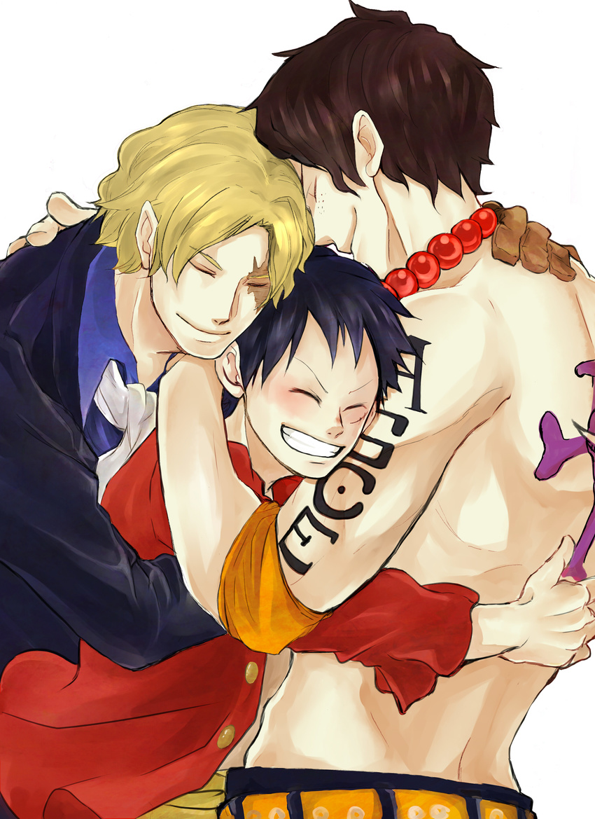 3boys black_hair blonde_hair brothers cravat eyes_closed family freckles highres jolly_roger male_focus monkey_d_luffy multiple_boys one_piece open_shirt pirate portgas_d_ace red_shirt sabo_(one_piece) scar shirt siblings simple_background smile tattoo topless white_background