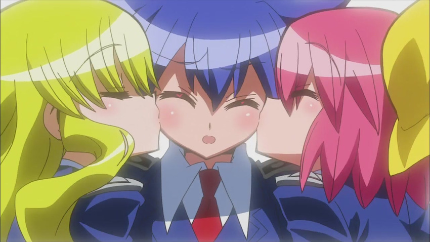 :o bangs blazer blonde_hair blue_hair blush bow closed_eyes embarrassed hair_between_eyes hair_bow jacket kiss kuchinashi_(needless) long_hair mio_(needless) multiple_girls necktie needless open_mouth pink_hair profile school_uniform screencap setsuna_(needless) short_hair sidelocks simple_background spiked_hair teamwork upper_body wavy_hair white_background wince yuri