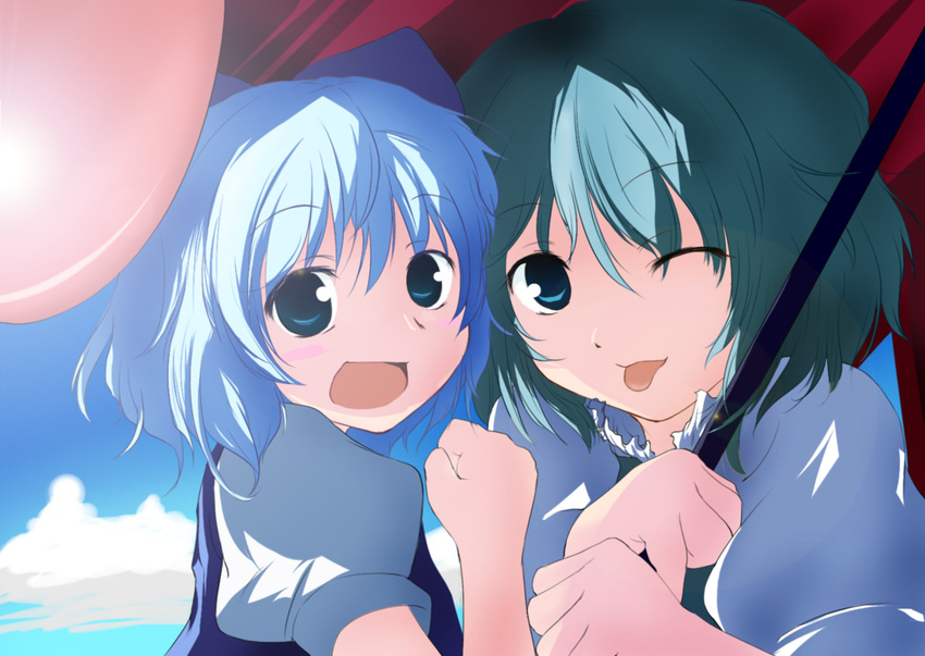 ;p bad_id bad_pixiv_id beegle blue_hair cirno karakasa_obake multiple_girls one_eye_closed short_hair tatara_kogasa tongue tongue_out touhou umbrella